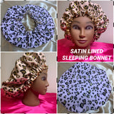 Satin Lined Sleeping Bonnet - No Frizz Healthy Hair Bonnet - Protect Curly Hair Bonnet - Gold/Pink Leopard