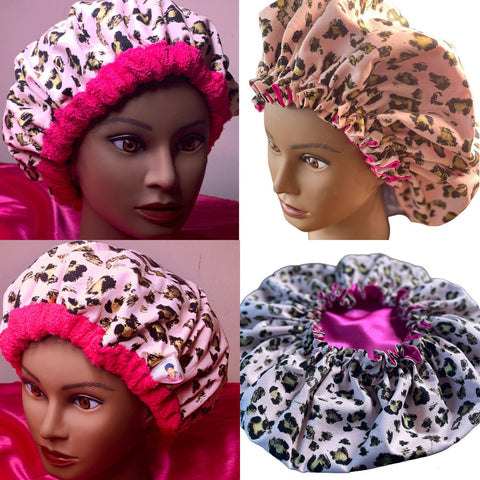 Microwavable Deep Conditioning Heat Cap  - Washable - with matching Sleeping Bonnet - Leopard