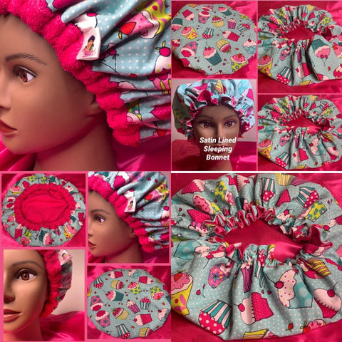 Microwavable Deep Conditioning Heat Cap  - Washable - with matching Sleeping Bonnet Cupcakes